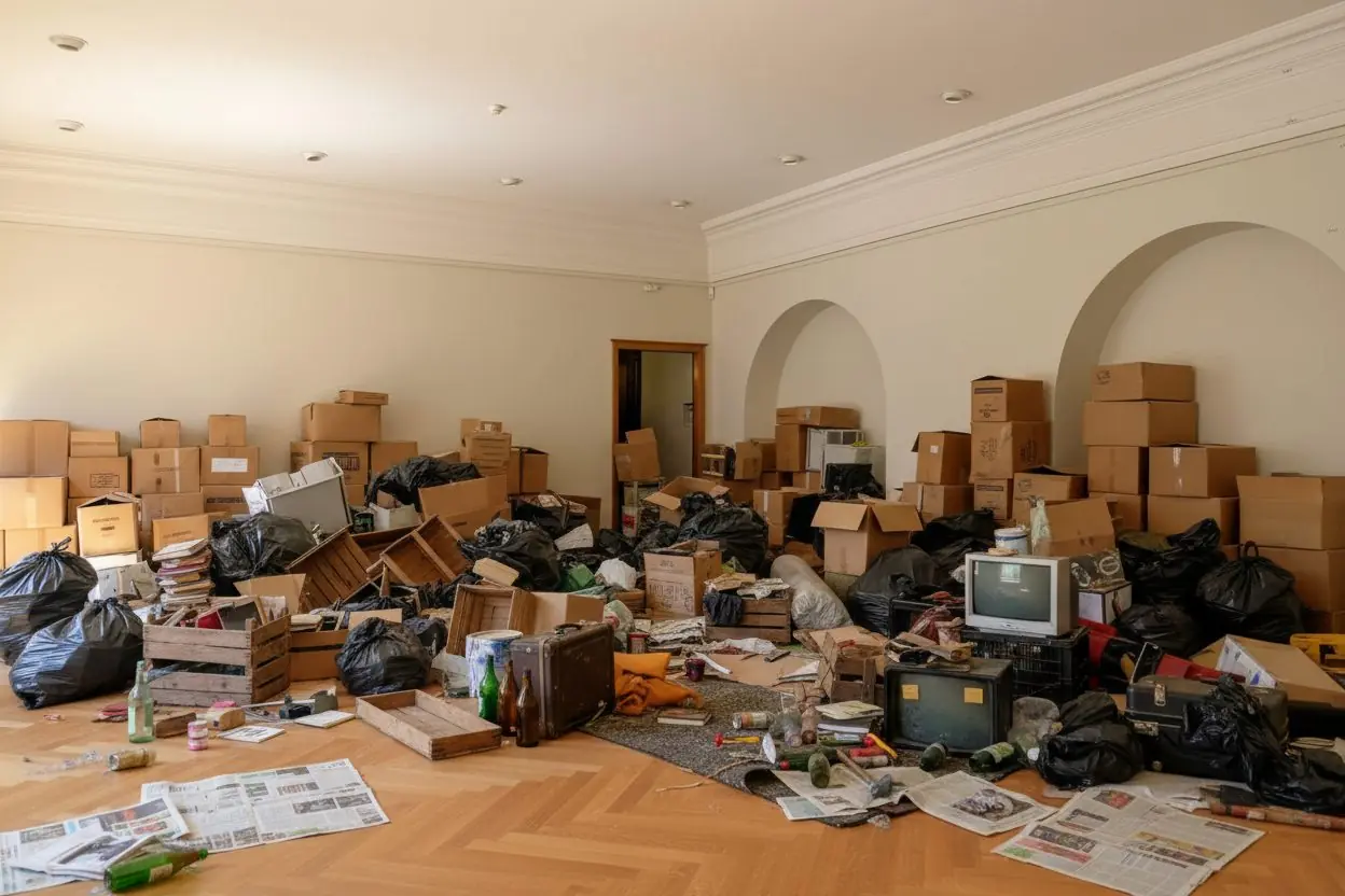 VORHER – Wohnzimmer Verlassenschaftsräumung Wien – vorher gefüllt mit Hausrat, nachher besenrein übergeben
